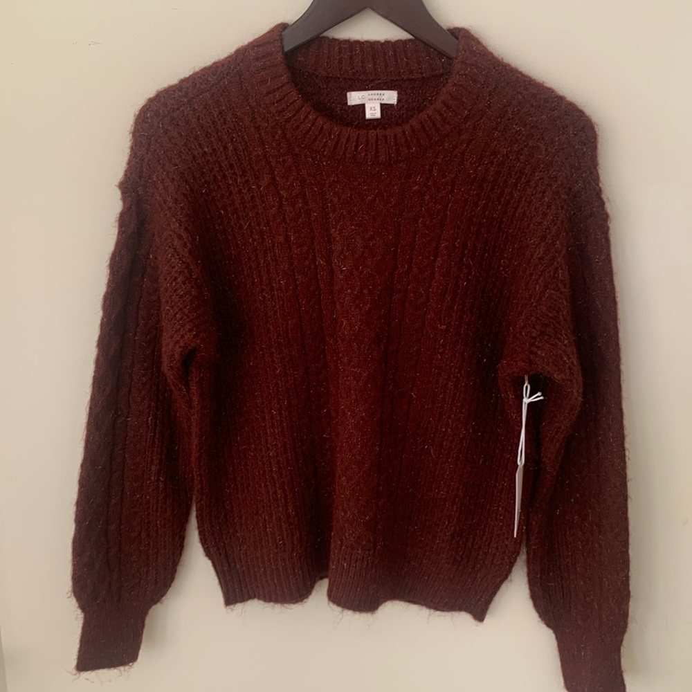 Lauren Conrad burgundy maroon cable knit, multicolor sparkle, crew SZ XS NWT